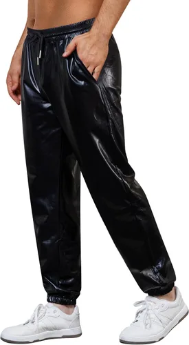 Vista 4 de WULFUL Pantalones deportivos metálicos para hombre, disfraz de discoteca de los años 70, con lentejuelas