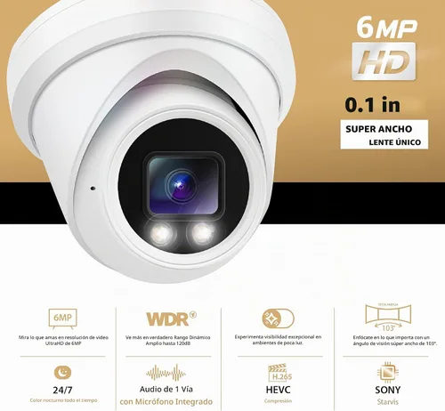 Vista 2 de Marquis Cámara domo de torreta IP PoE de 6MP con micrófono, gran angular de 0.110 in, visión nocturna a todo color 24/7, luz dual, resistente a