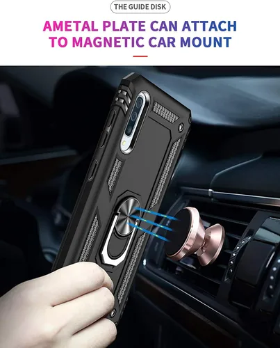 Vista 5 de TJS Funda compatible con Samsung Galaxy A50 2019, con protector de pantalla de vidrio templado, anillo de metal, soporte magnético, resistente Negro