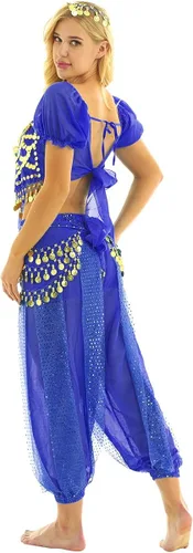Vista 4 de iEFiEL - Disfraz de danza del vientre para mujer, para Halloween, carnaval, India, danza superior, pantalones para la cadera, bufanda, accesorio