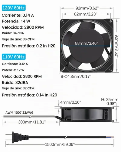 Vista 2 de GDSTIME AXIAL 9225 - Ventilador para muffins, 120 V CA 3.622 in x 0.984 in, rodamiento de bolas doble