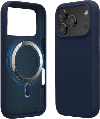 Vista 11 de kwmobile Funda de silicona TPU compatible con Apple iPhone 14 Pro, funda magnética, compatible con MagSafe, color azul marino