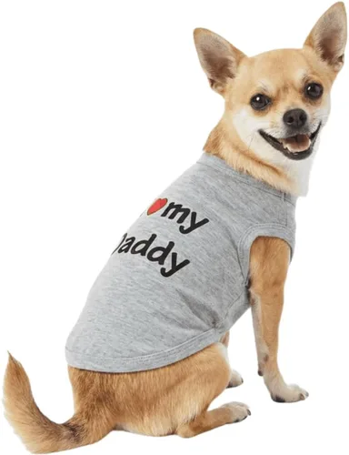 Vista 6 de Paquete de 2 camisetas para cachorros, ropa para perros pequeños con texto en inglés "I Love My Daddy Momm", talla XS gris Mix