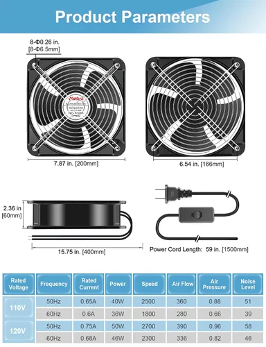 Vista 7 de Wathai AC Axial 2060 7.874 in Case Muffin Fan 110v 120V Dual Ball 7.874x2.362 in Dual Ball 280CFM Big Airflow High Performance Industrial Case