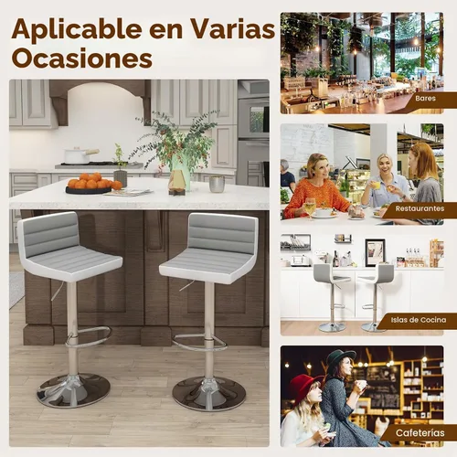 Vista 6 de COSTWAY Juego de 2 taburetes de bar ajustables, modernas sillas de bar giratorias de piel sintética con respaldo, reposapiés, taburetes de bar
