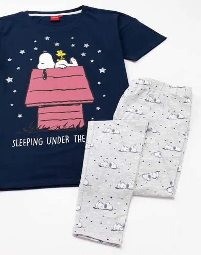Vista 4 de Snoopy Pijama para mujer, blusa larga o corta, color azul marino, Azul