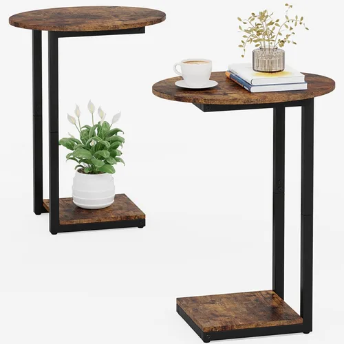Vista 10 de Hosfais Mesa Auxiliar Pequeña, Mesa de Extremo en Forma de C, Mesa de Café de Madera para TV, Bandeja para Comer, Mesas para Sofá de Espacios Negro
