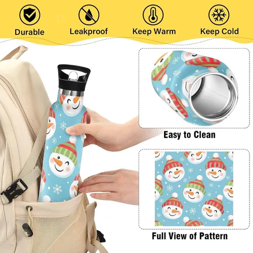 Vista 4 de Kids Water Bottle with Straw Leakproof Insulated Water Bottle 20oz, BPA-Free, Cute Snowman Blue
