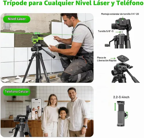 Vista 2 de Huepar - Trípode de nivel láser, trípode de 47 pulgadas para medidas de distancia láser de línea cruzada, teléfono y cámara, soporte de trípode