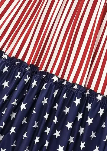 Vista 5 de CHUNTIANRAN Mini vestido con volantes y rayas verticales de la bandera americana, vestido patriótico del 4 de julio, vestido casual sin mangas