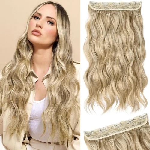 Vista 43 de REECHO Extensiones de cabello rubio, extensiones de una pieza con clip de 20" para mujer, extensiones de cabello sintético suave y natural con ondas