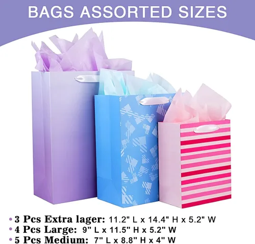 Vista 5 de Paquete de 12 bolsas de regalo de varios tamaños y diseños, bolsas de regalo a granel con papel de seda