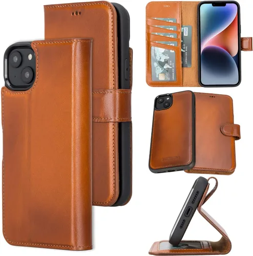 Vista 22 de Bayelon Funda para iPhone 14, funda de cuero de grano completo, [2 en 1], funda magnética desmontable con ranuras para tarjetas, soporte y función