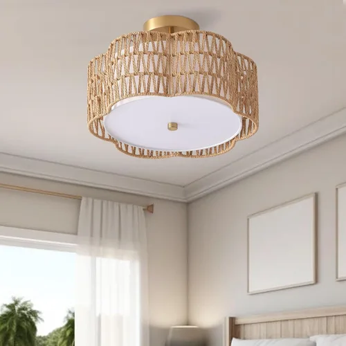 Vista 7 de Lámparas bohemias de 13.6 pulgadas de montaje empotrado, 3 luces de ratán para techo, montaje empotrado dorado para dormitorio, en forma de flor