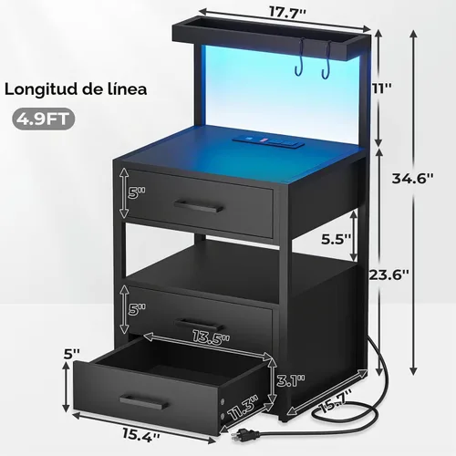 Vista 2 de Mesita de noche con estación de carga y luces LED, mesita de noche LED con 2 puertos USB y 2 salidas de CA, mesa auxiliar moderna con 3 cajones Negro