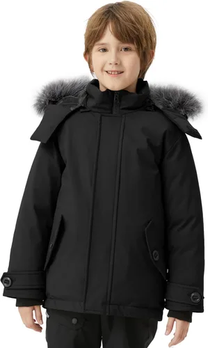 Vista 2 de wantdo - Chaqueta de invierno con capucha para niños, impermeable, acolchada, con forro polar, parka Negro
