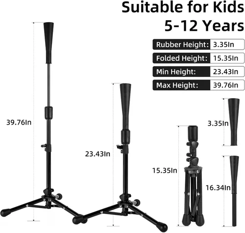 Vista 2 de 23.5 to 39.76 Inches Baseball Tee for Kids, Batting Tees for Baseball with Carry Bag, Portable Stable Tanner Tee, Baseball Training Equipment Aged