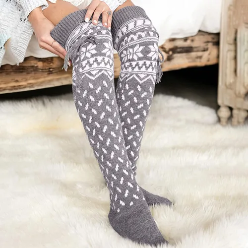 Vista 4 de Calcetines largos de punto para mujer, de Navidad, cálidos, hasta el muslo, para botas sobre la rodilla