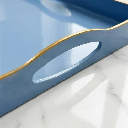 Vista 8 de Bandeja de servir azul con 4 asas, bandeja decorativa de plástico para mesa de café, otomana - Ideal para sala de estar y baño. 15 x 11 x 1.9