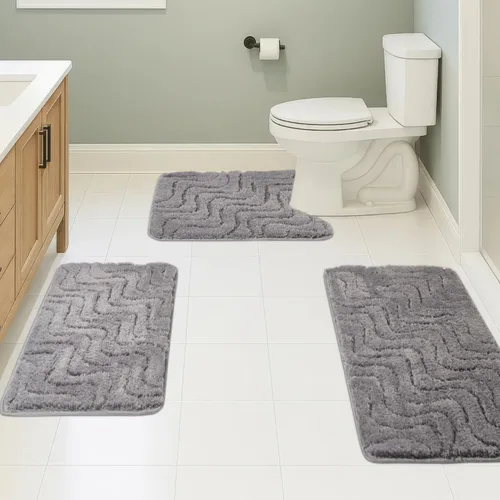 Vista 29 de Juego de 3 alfombras de baño suaves y absorbentes, peludas, suaves, antideslizantes, para ducha, bañera y bañera, lavables a máquina