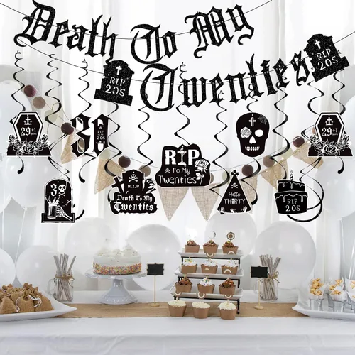 Vista 4 de Decoraciones de Death to My 20 – 14 piezas negras para decoración de fiesta de cumpleaños de 30 años, pancarta colgante de remolinos rasgados a mis