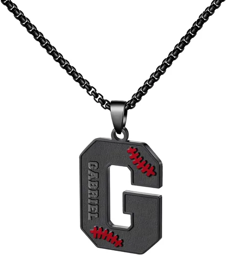 Vista 53 de Ldurian Collar personalizado con nombre de béisbol, cadena negra de acero inoxidable, collar con nombre deportivo, letra A-Z de 24 pulgadas, regalos
