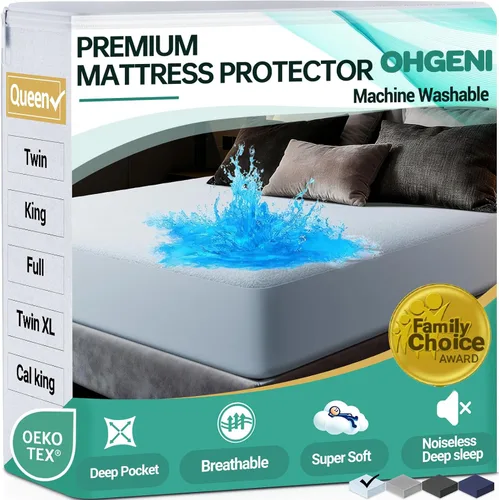 Vista 17 de OhGeni - Protector de colchón impermeable, tamaño Queen, con bolsillo profundo de 6 a 18 pulgadas, transpirable, sin ruido, suave, lavable, a prueba