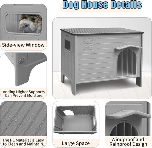 Vista 3 de Casa de perro duradera impermeable de plástico para interiores y exteriores, casa de perro exterior con ventana lateral y piso elevado, fácil