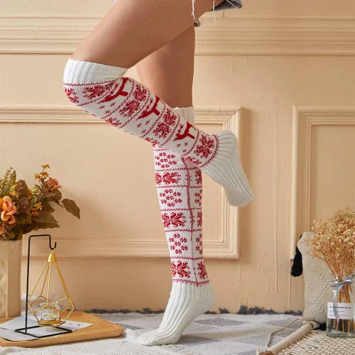 Vista 3 de Pcavin Calcetines altos hasta el muslo para mujer, calcetines de punto trenzado por encima de la rodilla, calentadores de piernas largos y cálidos