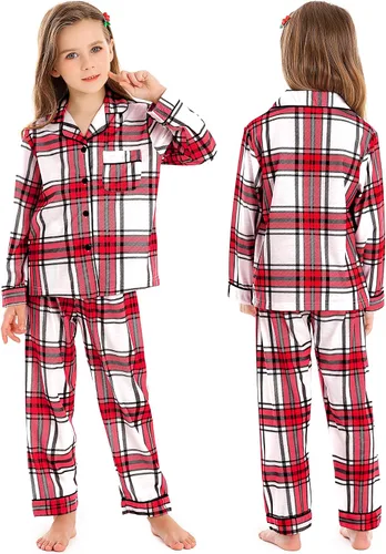 Vista 5 de SWOMOG - Conjunto de pijamas navideños familiares a juego, de manga larga, con botones al frente ideal para las festividades.