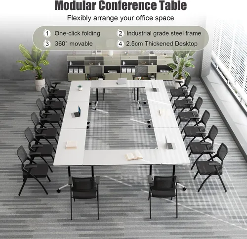 Vista 5 de Mesa de conferencias plegable, mesa modular moderna para sala de conferencias con ruedas para 8-16 personas, mesas de entrenamiento plegables
