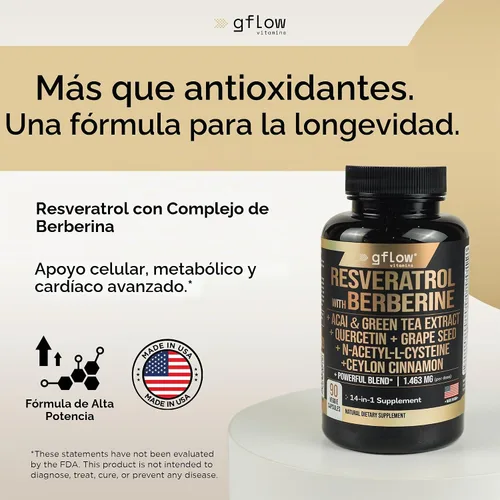 Vista 2 de gflow vitamins Suplemento de Resveratrol con Berberina, Extracto de Té Verde, Canela de Ceilán, Semilla de Uva y Quercetina 1000mg de Quercetina, N
