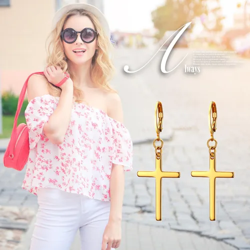 Vista 7 de Flongo Aretes de tuerca, de acero inoxidable, perlas y cruz, con bisagras, para Navidad, día de San Valentín, estilo 1, F101040