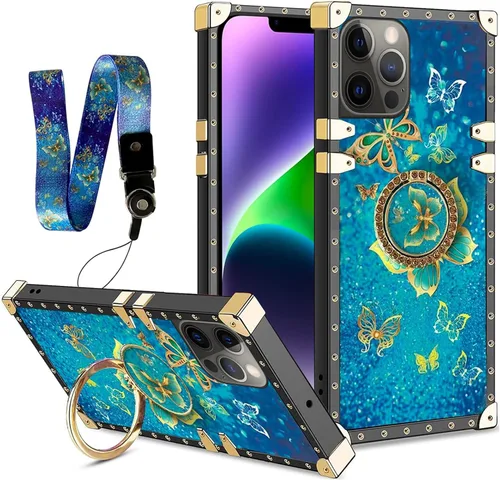 Vista 9 de nancheng Funda para iPhone 15, diseño de flor de mariposa azul, TPU suave, a prueba de golpes, con soporte de anillo y cordón a juego, elegante