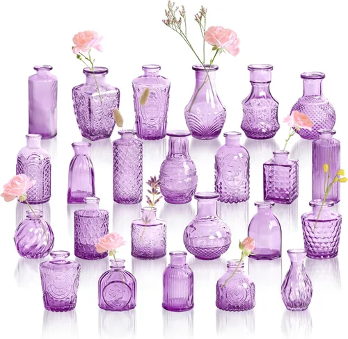 Vista 10 de Juego de 12 jarrones de vidrio ámbar, jarrones de capullo transparentes a granel, mini jarrones para flores, pequeños jarrones de flores