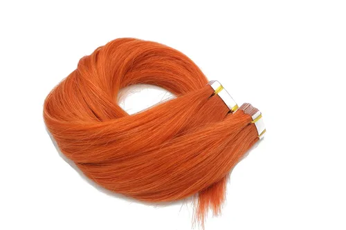 Vista 4 de Extensiones de cabello con cinta adhesiva en cabello humano grueso naranja de 18 pulgadas