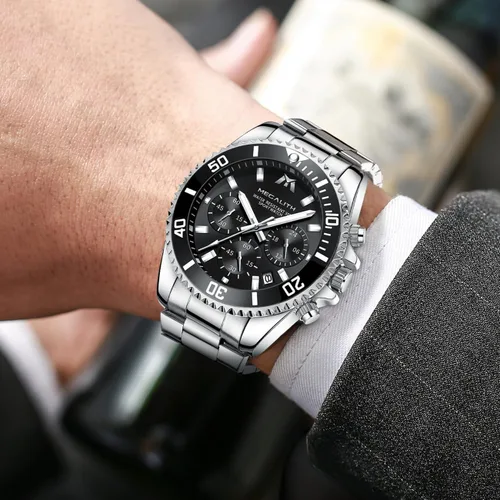 Vista 4 de MEGALITH Relojes para hombre, de acero inoxidable, resistente al agua, analógico, de cuarzo, moderno, de negocios, cronógrafo, con fecha automática