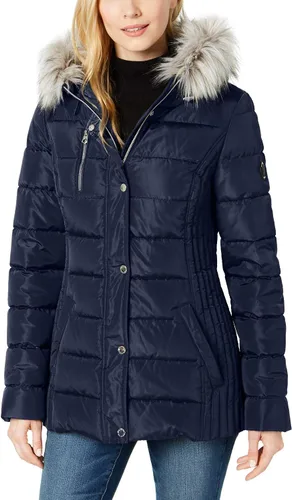 Vista 7 de Nautica Chaqueta acolchada de peso medio con capucha y ribete de piel sintética para mujer Negro
