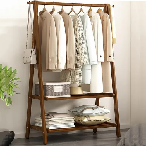 Vista 7 de Perchero de bambú portátil plegable con estantes de almacenamiento y riel de ropa colgante para entrada, dormitorio, espacios pequeños
