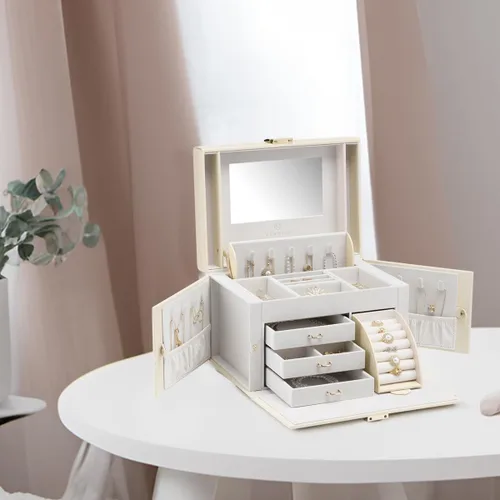 Vista 6 de Vlando Organizador de joyero con espejo, caja de almacenamiento de joyería de cuero, collares, aretes, anillos, soportes, relojes, caja