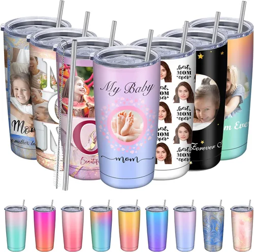 Vista 28 de Regalos para el Día de la Madre, vaso personalizado con foto de mamá, vasos delgados con tapa de nombre y pajita, 20 onzas, taza de café de viaje