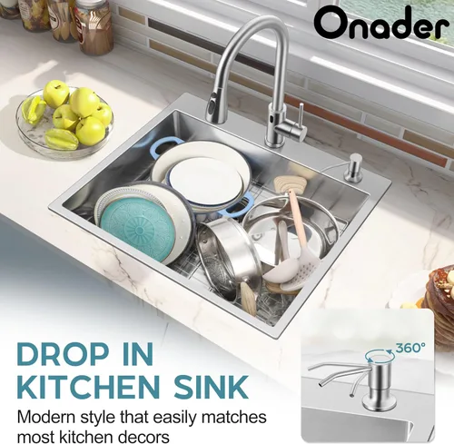 Vista 8 de Onader Fregadero de cocina de 25 x 22 pulgadas, acero inoxidable calibre 16 níquel cepillado, fregadero de cocina moderno con accesorios, 10