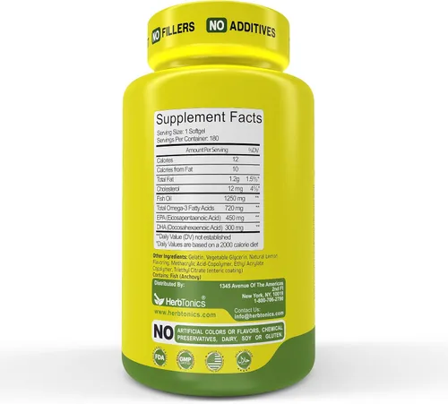 Vista 7 de Herbtonics Aceite de pescado Omega 3 de 1250 mg – Alto EPA 450 mg + DHA 300 mg para la salud del corazón y el cerebro Triple fuerza, sabor a limón