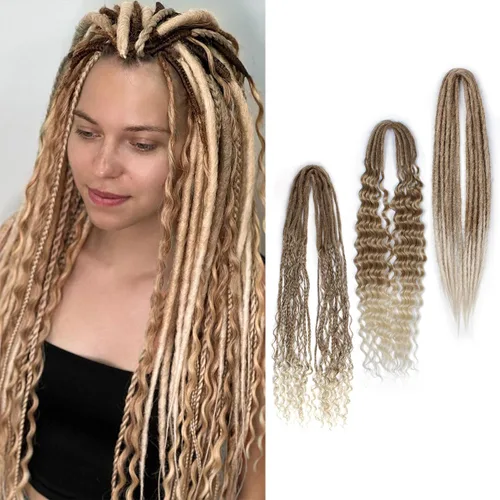 Vista 43 de Extensiones de rastas trenzadas bohemias de 24 pulgadas, 10 hebras de rastas sintéticas rizadas color marrón degradado con trenza de caja, rastas