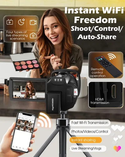 Vista 5 de Videocámara de cámara de video 5K, cámara de vlogging WiFi de 64 MP para YouTube con zoom óptico 8X, pantalla táctil IPS de 3.5 pulgadas, visión