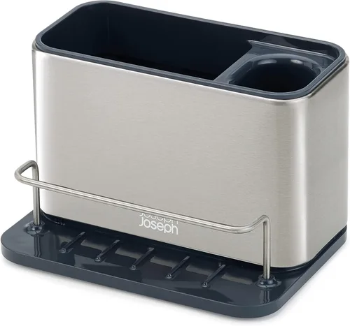 Vista 3 de Joseph Joseph 85112 - Organizador de esponja de acero inoxidable para fregadero de superficie, drenajes ordenados, para cocina, grande, color gris