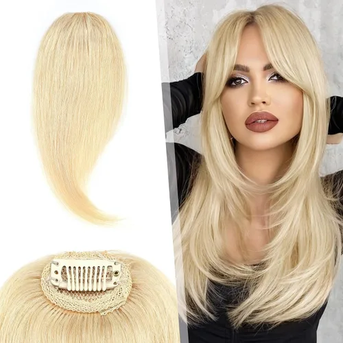 Vista 11 de Hairro Extensiones de flequillo lateral ondulado con clip, 100% cabello humano, 2 piezas con clip en la parte media, flequillo francés, lados