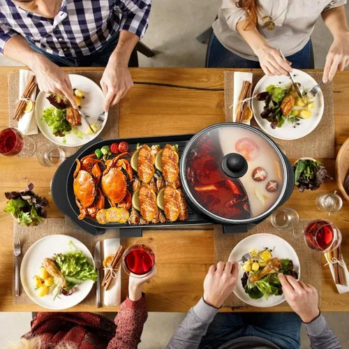 Vista 7 de SEAAN Olla caliente con parrilla, parrilla eléctrica para interiores, Shabu Shabu Shabu Pot coreana sin humo, doble temperatura contral, capacidad