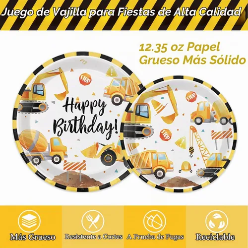 Vista 4 de Suministros de fiesta de cumpleaños de construcción, decoraciones temáticas de construcción, incluye platos, vasos, servilletas, cubiertos, perfecto