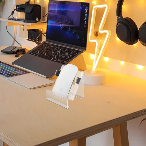 Vista 7 de Soporte de acrílico para ratón, base de soporte vertical de escritorio para mouse con cable e inalámbrico, soporte universal para mouse